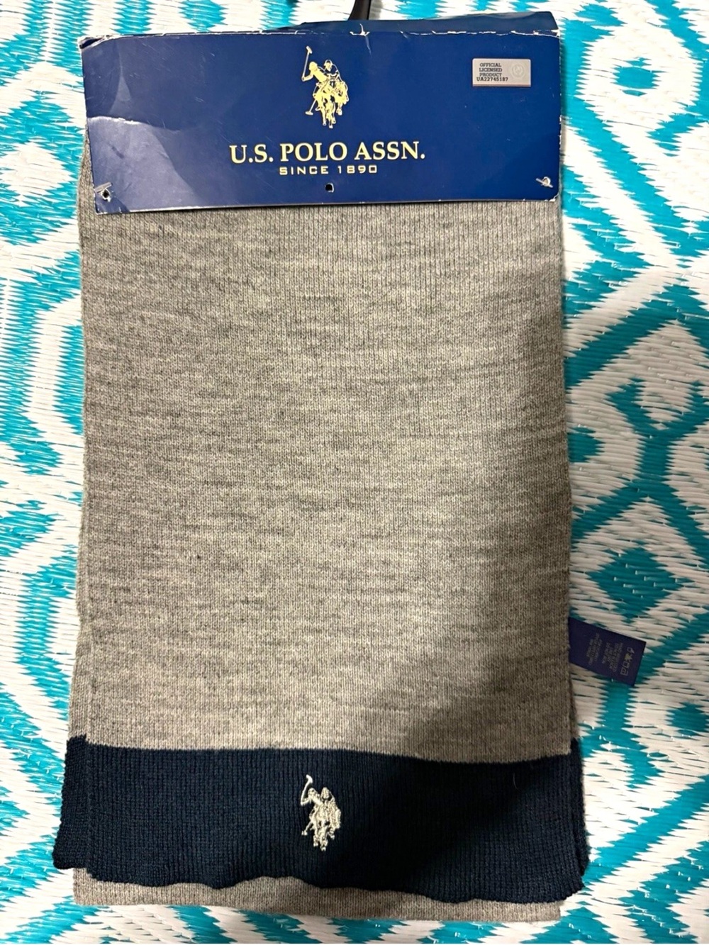U.S. Polo Assn. Men’s Gray Navy Acrylic Knit Scarf Logo Accent One Size